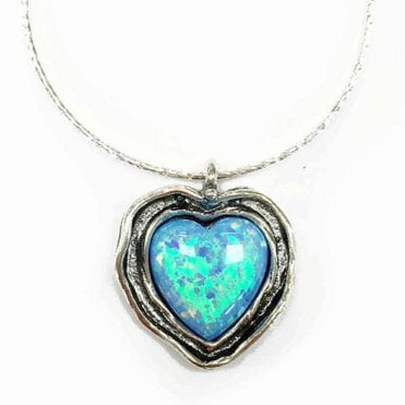 Silver and blue opal heart pendant and chain