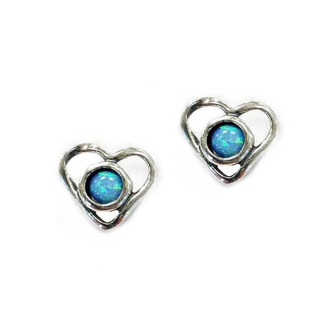 Silver and blue opal heart shape stud earrings