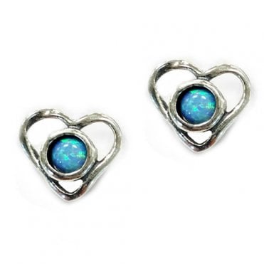 Silver and blue opal heart shape stud earrings