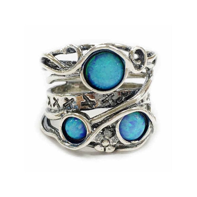 Silver and blue opal wide ring