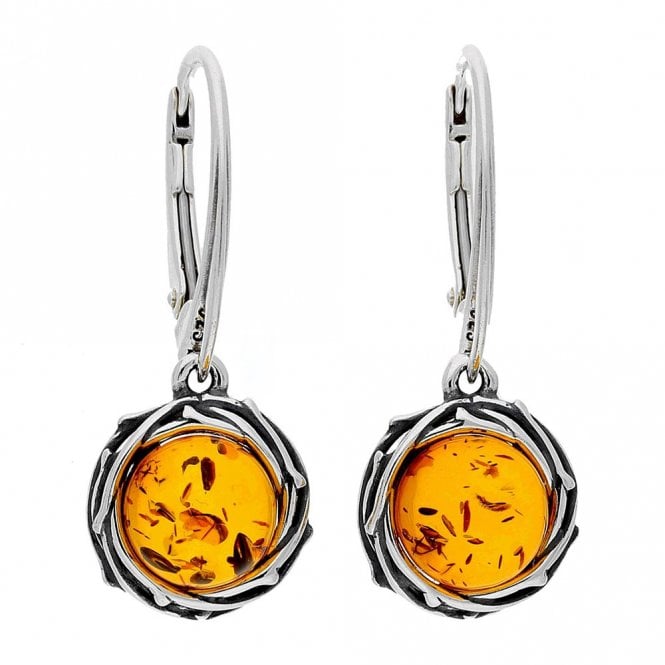 Silver and cognac amber drop earrings