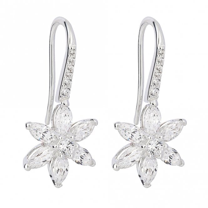 Silver and Cubic Zirconia Flower Drop Earrings