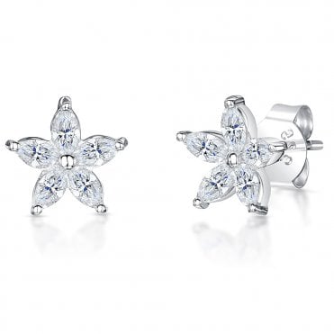 Silver and Cubic Zirconia Flower Earrings by Jools