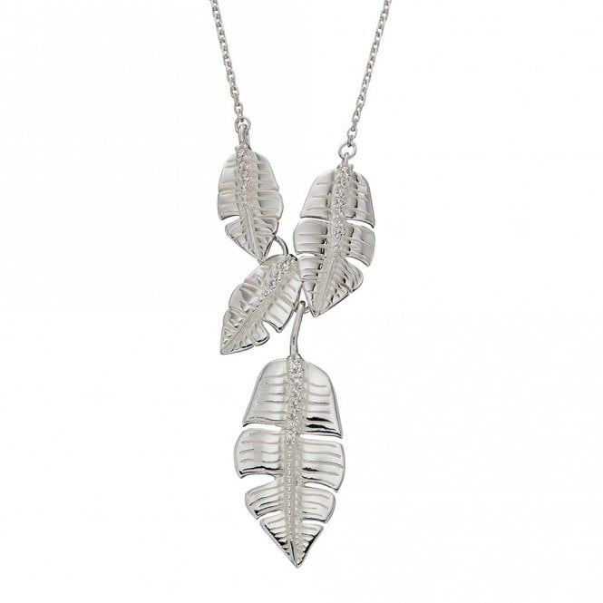 Silver and Cubic Zirconia Palm Leaves Drop Necklace