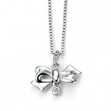 Silver and diamond bow necklace