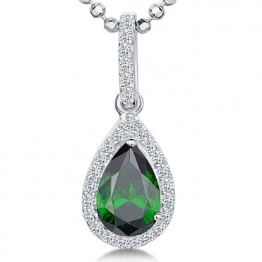 Silver and Emerald Cubic Zirconia Pendant and Chain by Jools