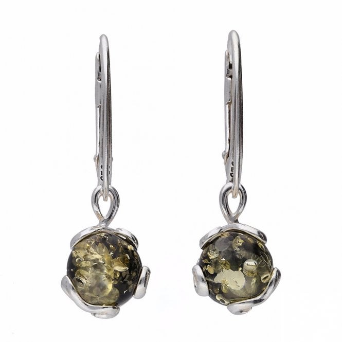 Silver and green amber drop earrings