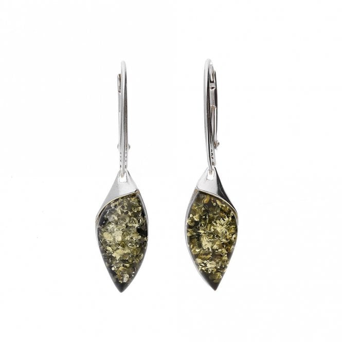 Silver and green amber drop earrings