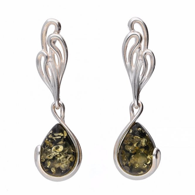 Silver and green amber drop earrings