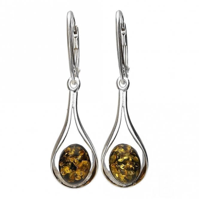 Silver and green amber drop earrings