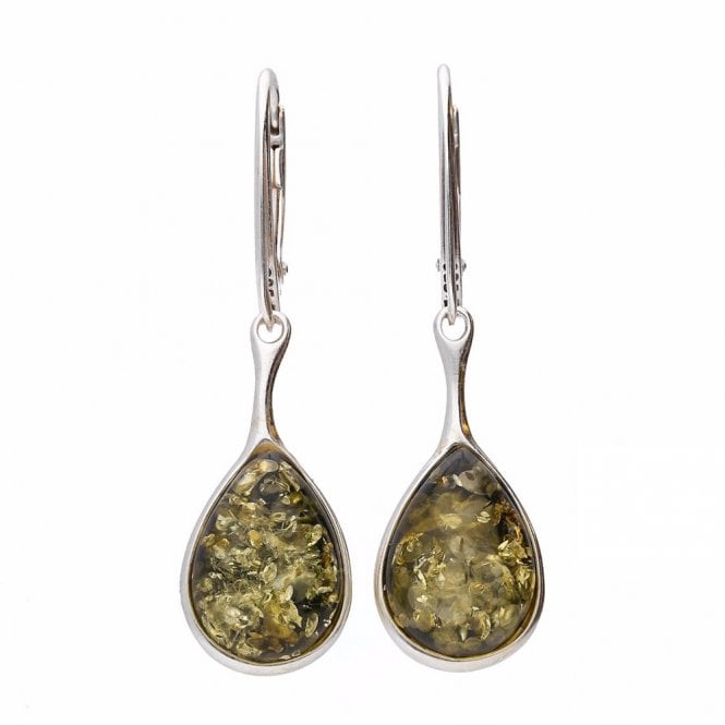 Silver and green amber drop earrings
