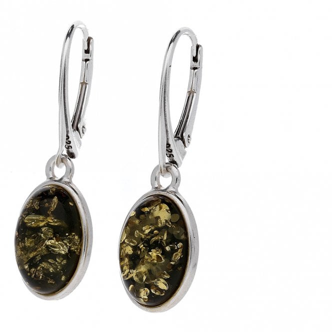 Silver and green amber drop earrings
