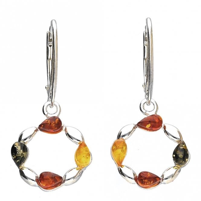 Silver and mixed amber drop earrings