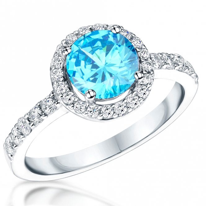 Silver and Ocean Blue Cubic Zirconia Halo Ring by Jools