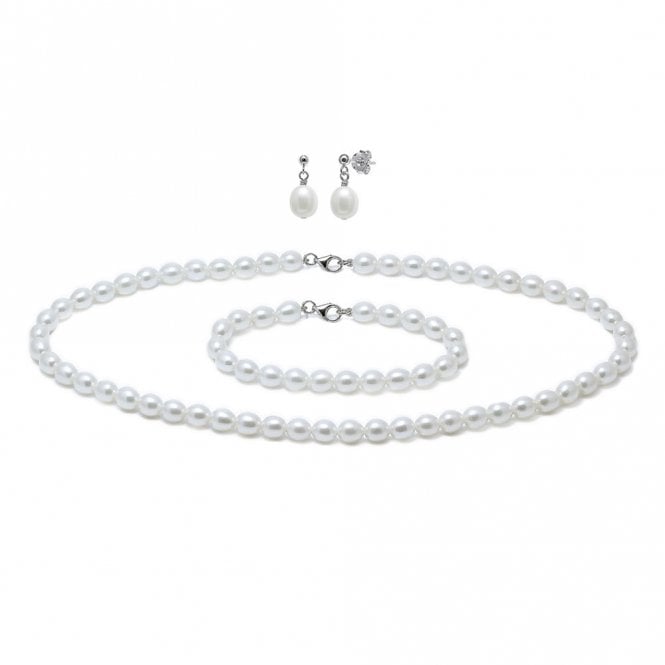 Silver and pearl necklace bracelet and earring set