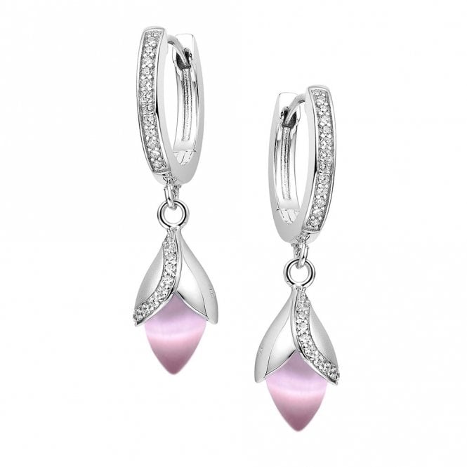 Silver and Pink Cat's Eye Huggie Drop Earrings by Fei Liu