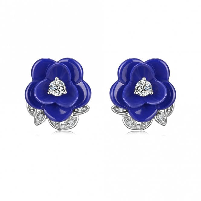 Silver Blue Ceramic flower Stud Earrings by Fei Liu