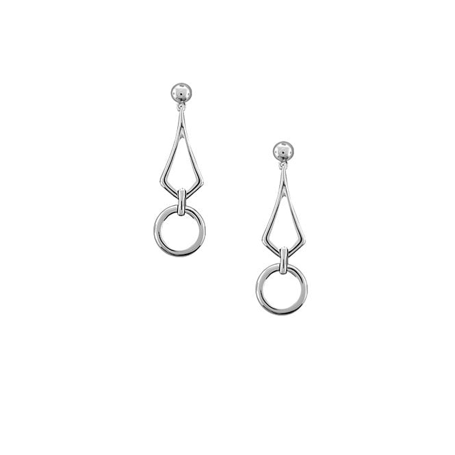 Silver circle drop earrings.