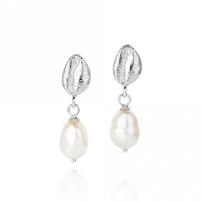 Silver Cowrie Pearl Drop Earrings by Claudia Bradby