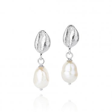 Silver Cowrie Pearl Drop Earrings by Claudia Bradby