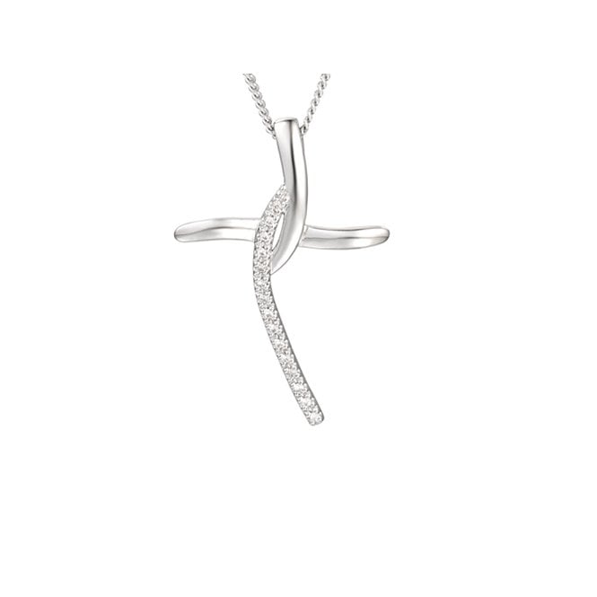 Silver curved cross and chain.