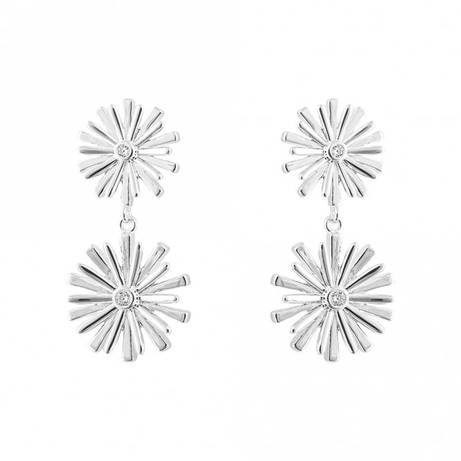 Silver Double Flower Drop Earrings