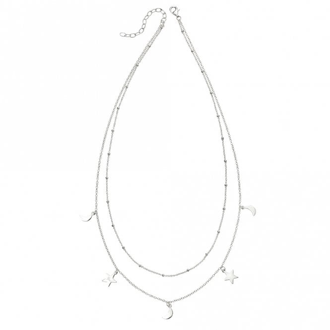 Silver double moon and star necklace