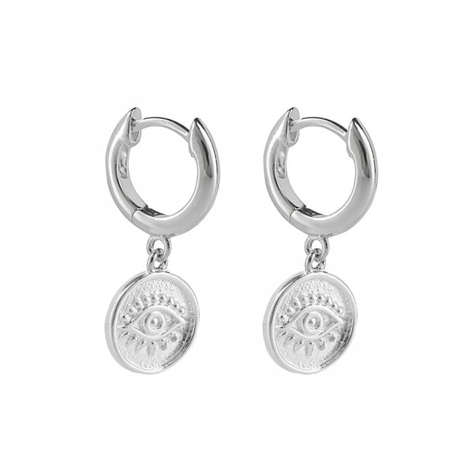 Silver Evil Eye Charm Hoop Earrings