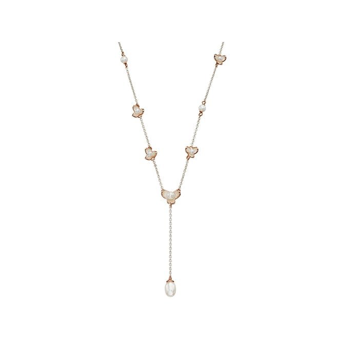 Silver freshwater pearl and rose gold plated lariat necklace