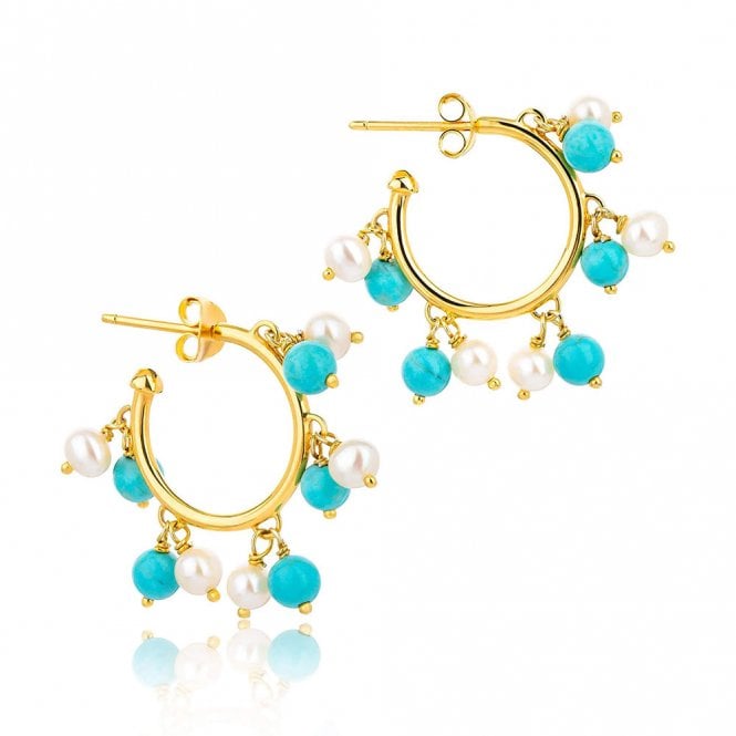 Silver G/P Pearl and Turquoise Hoop Earrings by Claudia Bradby