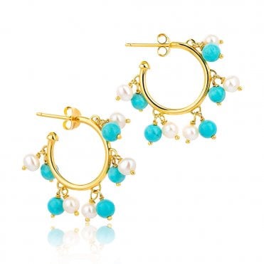 Silver G/P Pearl and Turquoise Hoop Earrings by Claudia Bradby
