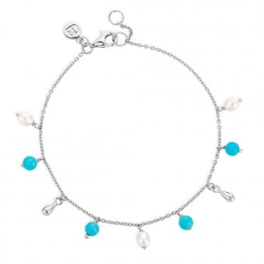 Silver Pearl and Turquoise Fringe Bracelet by Claudia Bradby