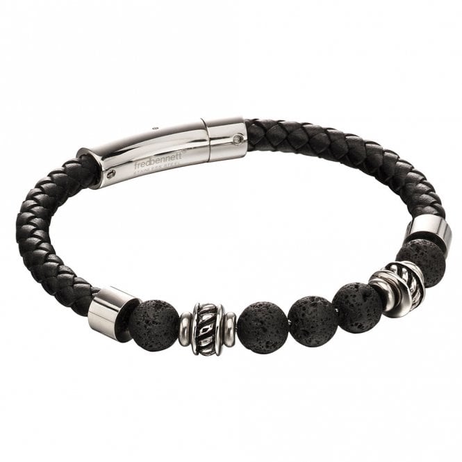 Stainless Steel and Black Leather Lava Bead Bracelet