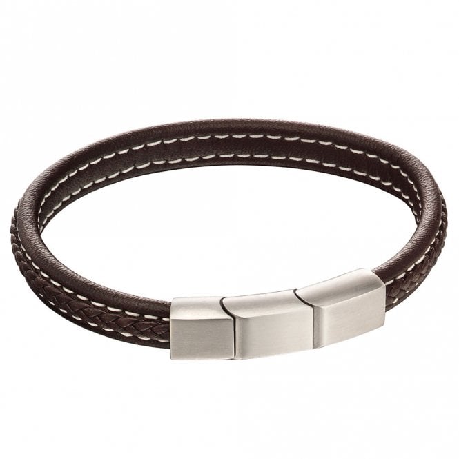 Stainless steel and brown leather bracelet by Fred Bennett