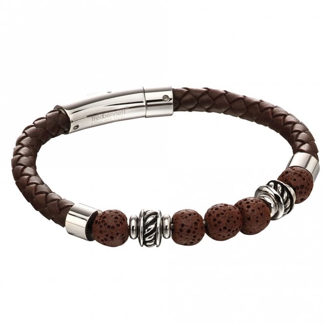 Stainless Steel Leather and Lava Bead Bracelet