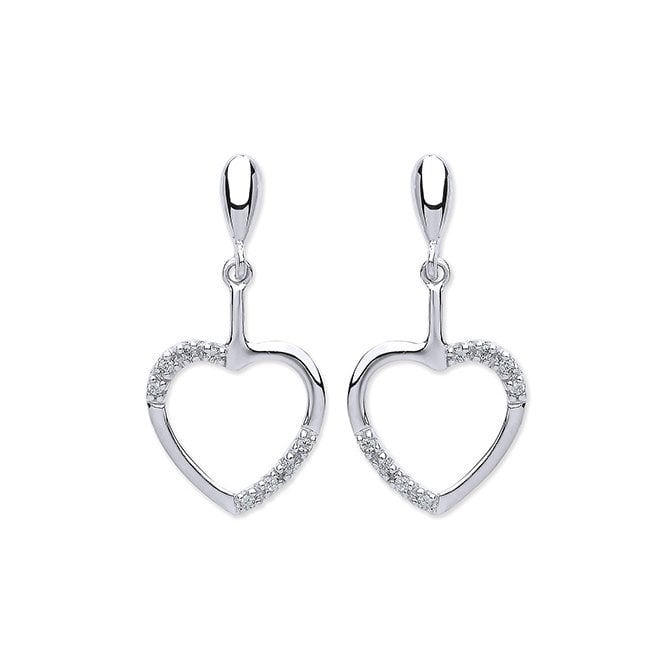 White gold and cubic zirconia heart drop earrings
